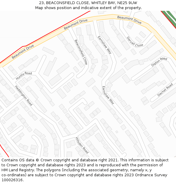 23, BEACONSFIELD CLOSE, WHITLEY BAY, NE25 9UW: Location map and indicative extent of plot