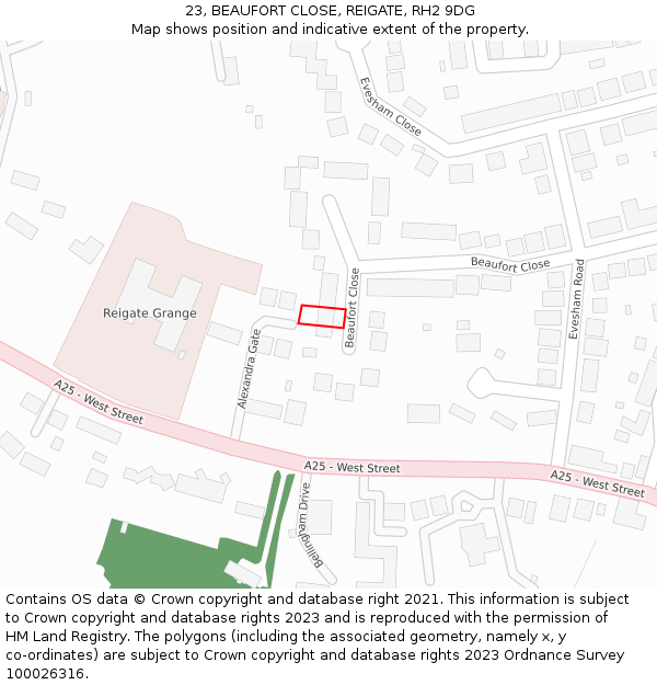 23, BEAUFORT CLOSE, REIGATE, RH2 9DG: Location map and indicative extent of plot