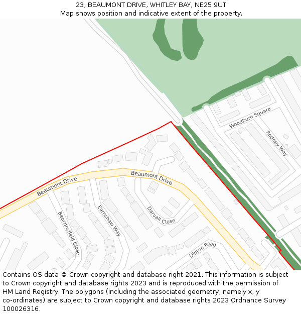 23, BEAUMONT DRIVE, WHITLEY BAY, NE25 9UT: Location map and indicative extent of plot