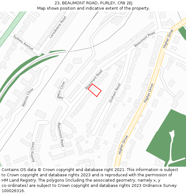 23, BEAUMONT ROAD, PURLEY, CR8 2EJ: Location map and indicative extent of plot