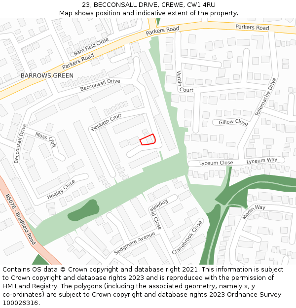 23, BECCONSALL DRIVE, CREWE, CW1 4RU: Location map and indicative extent of plot