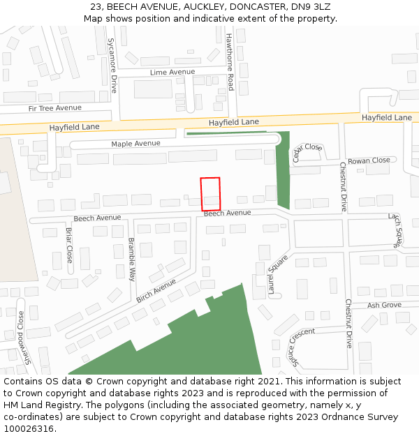 23, BEECH AVENUE, AUCKLEY, DONCASTER, DN9 3LZ: Location map and indicative extent of plot