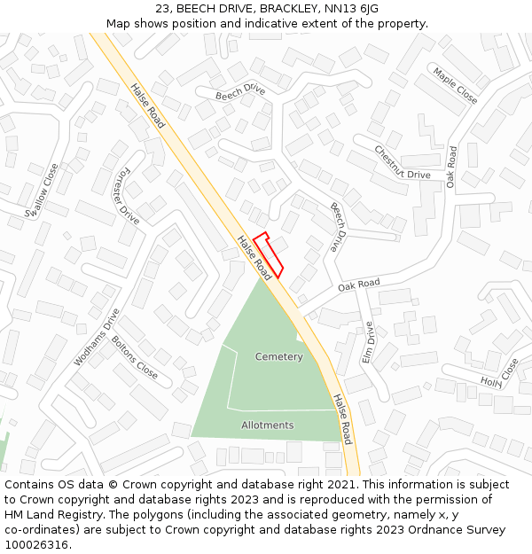 23, BEECH DRIVE, BRACKLEY, NN13 6JG: Location map and indicative extent of plot