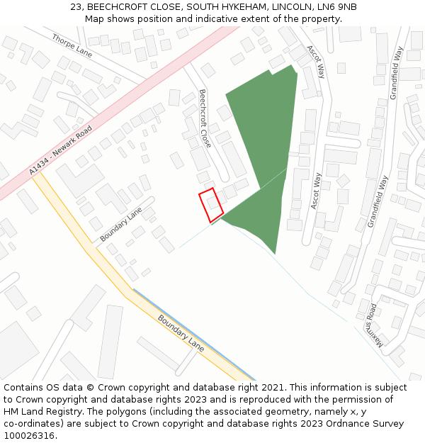 23, BEECHCROFT CLOSE, SOUTH HYKEHAM, LINCOLN, LN6 9NB: Location map and indicative extent of plot