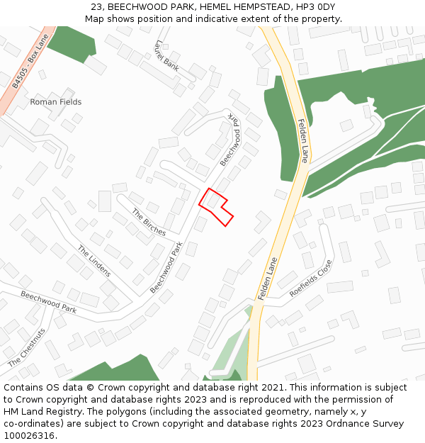 23, BEECHWOOD PARK, HEMEL HEMPSTEAD, HP3 0DY: Location map and indicative extent of plot