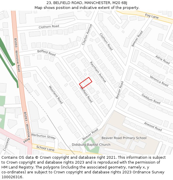 23, BELFIELD ROAD, MANCHESTER, M20 6BJ: Location map and indicative extent of plot
