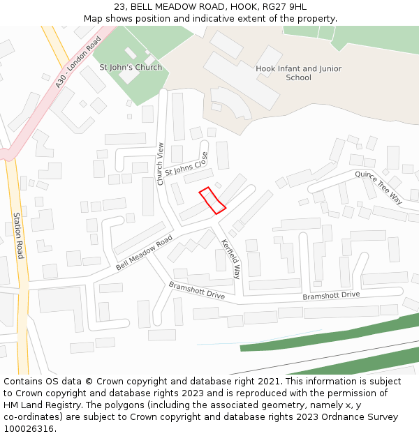 23, BELL MEADOW ROAD, HOOK, RG27 9HL: Location map and indicative extent of plot