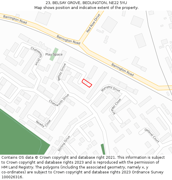 23, BELSAY GROVE, BEDLINGTON, NE22 5YU: Location map and indicative extent of plot