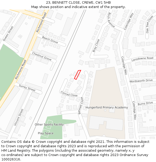 23, BENNETT CLOSE, CREWE, CW1 5HB: Location map and indicative extent of plot