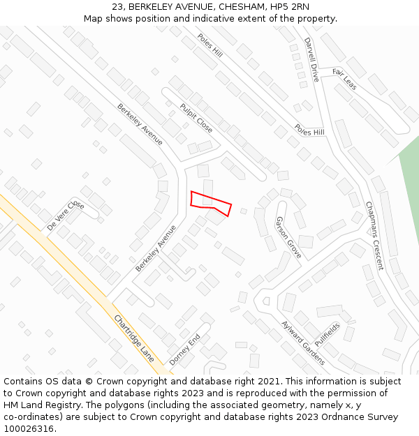 23, BERKELEY AVENUE, CHESHAM, HP5 2RN: Location map and indicative extent of plot