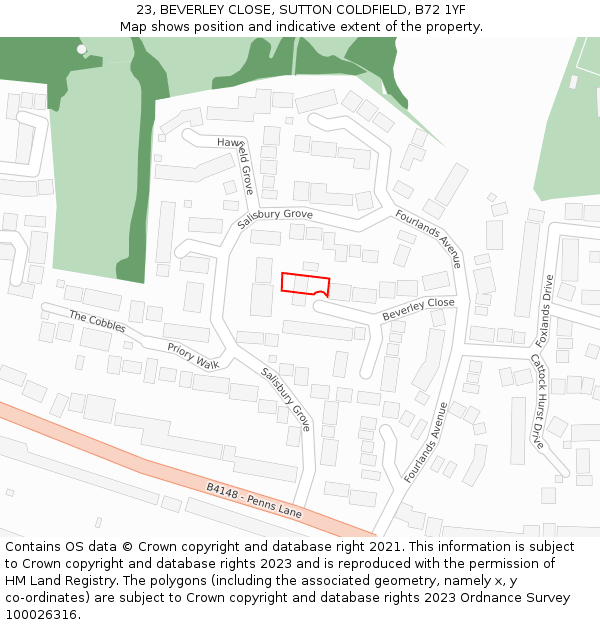 23, BEVERLEY CLOSE, SUTTON COLDFIELD, B72 1YF: Location map and indicative extent of plot