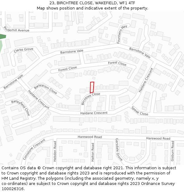 23, BIRCHTREE CLOSE, WAKEFIELD, WF1 4TF: Location map and indicative extent of plot