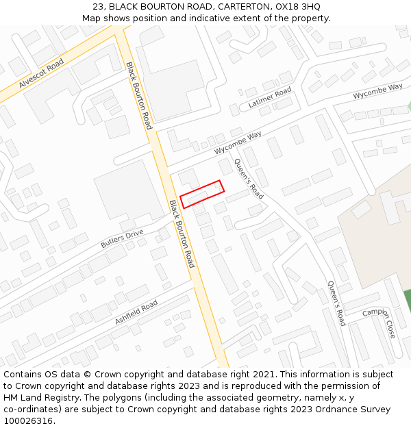 23, BLACK BOURTON ROAD, CARTERTON, OX18 3HQ: Location map and indicative extent of plot