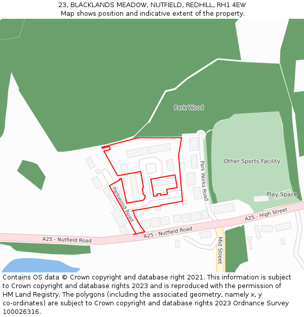 23, BLACKLANDS MEADOW, NUTFIELD, REDHILL, RH1 4EW: Location map and indicative extent of plot