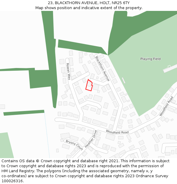 23, BLACKTHORN AVENUE, HOLT, NR25 6TY: Location map and indicative extent of plot