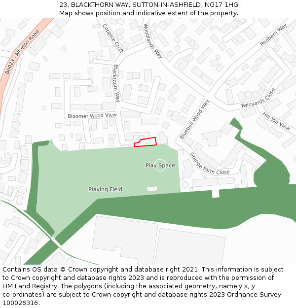 23, BLACKTHORN WAY, SUTTON-IN-ASHFIELD, NG17 1HG: Location map and indicative extent of plot