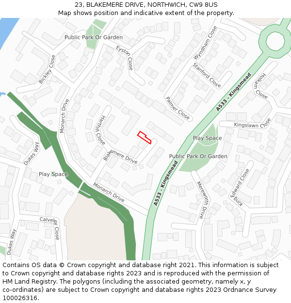 23, BLAKEMERE DRIVE, NORTHWICH, CW9 8US: Location map and indicative extent of plot