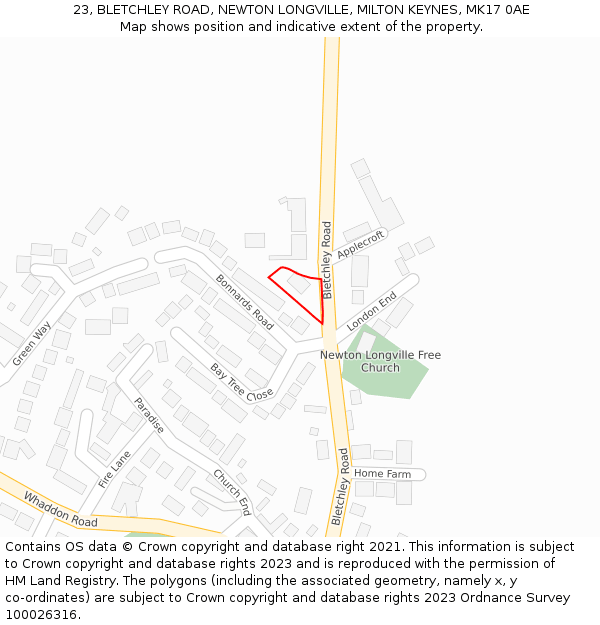 23, BLETCHLEY ROAD, NEWTON LONGVILLE, MILTON KEYNES, MK17 0AE: Location map and indicative extent of plot