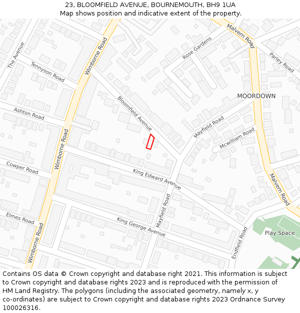 23, BLOOMFIELD AVENUE, BOURNEMOUTH, BH9 1UA: Location map and indicative extent of plot