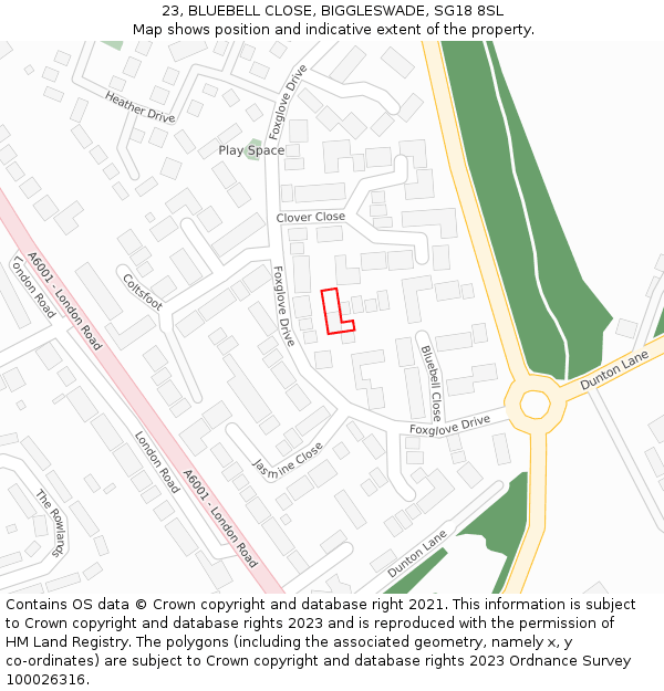 23, BLUEBELL CLOSE, BIGGLESWADE, SG18 8SL: Location map and indicative extent of plot