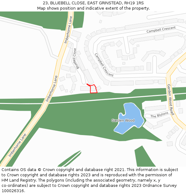 23, BLUEBELL CLOSE, EAST GRINSTEAD, RH19 1RS: Location map and indicative extent of plot