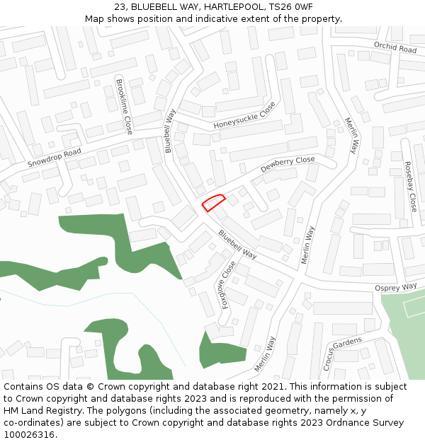 23, BLUEBELL WAY, HARTLEPOOL, TS26 0WF: Location map and indicative extent of plot