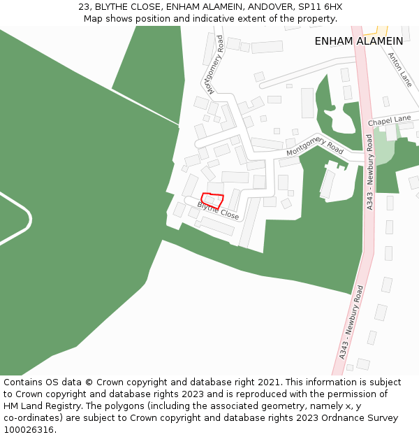 23, BLYTHE CLOSE, ENHAM ALAMEIN, ANDOVER, SP11 6HX: Location map and indicative extent of plot