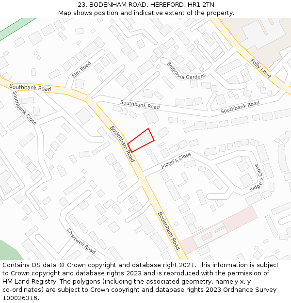 23, BODENHAM ROAD, HEREFORD, HR1 2TN: Location map and indicative extent of plot