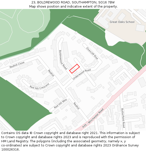 23, BOLDREWOOD ROAD, SOUTHAMPTON, SO16 7BW: Location map and indicative extent of plot