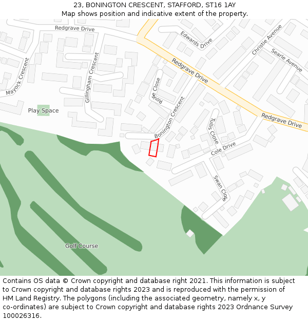 23, BONINGTON CRESCENT, STAFFORD, ST16 1AY: Location map and indicative extent of plot