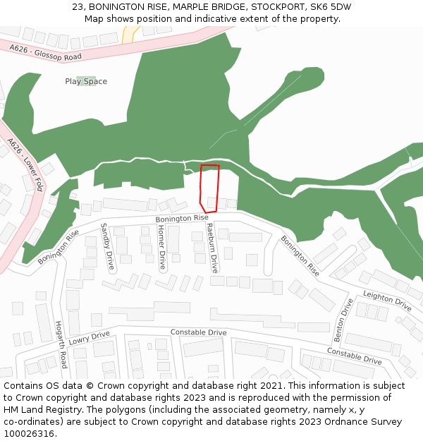 23, BONINGTON RISE, MARPLE BRIDGE, STOCKPORT, SK6 5DW: Location map and indicative extent of plot