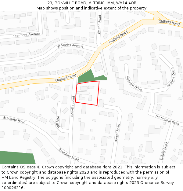 23, BONVILLE ROAD, ALTRINCHAM, WA14 4QR: Location map and indicative extent of plot