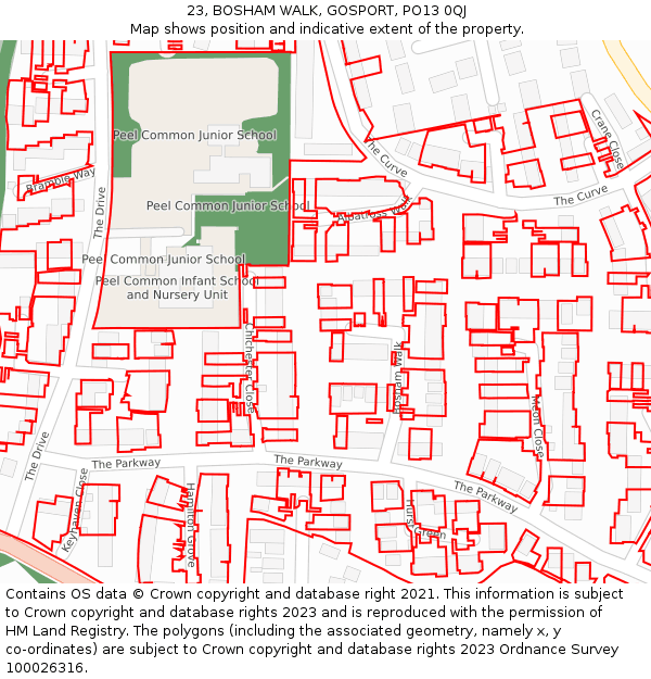 23, BOSHAM WALK, GOSPORT, PO13 0QJ: Location map and indicative extent of plot