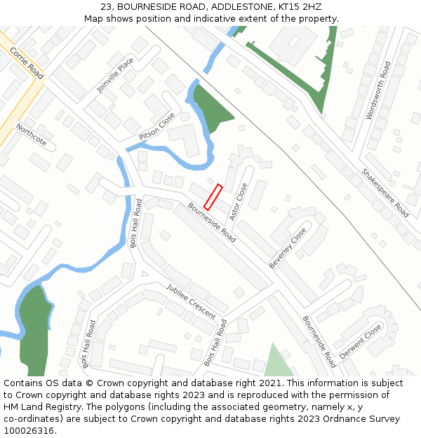 23, BOURNESIDE ROAD, ADDLESTONE, KT15 2HZ: Location map and indicative extent of plot