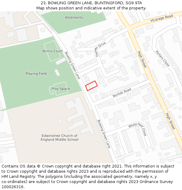 23, BOWLING GREEN LANE, BUNTINGFORD, SG9 9TA: Location map and indicative extent of plot