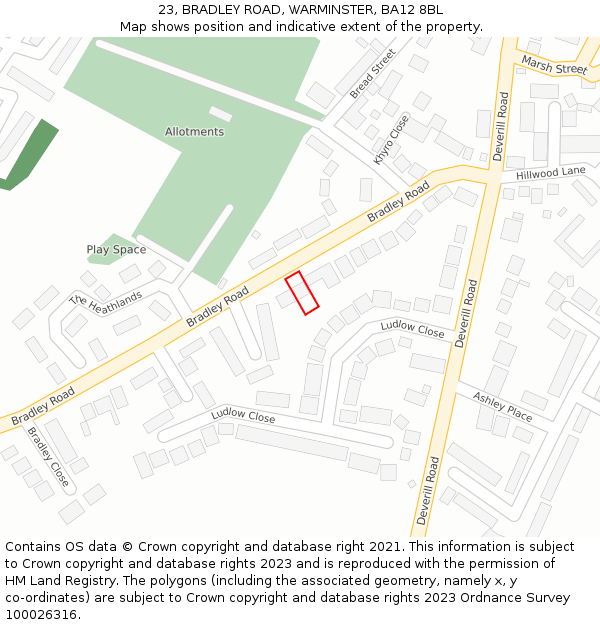 23, BRADLEY ROAD, WARMINSTER, BA12 8BL: Location map and indicative extent of plot