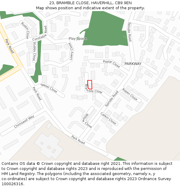 23, BRAMBLE CLOSE, HAVERHILL, CB9 9EN: Location map and indicative extent of plot