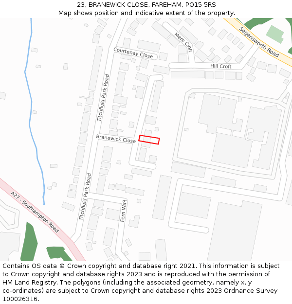 23, BRANEWICK CLOSE, FAREHAM, PO15 5RS: Location map and indicative extent of plot