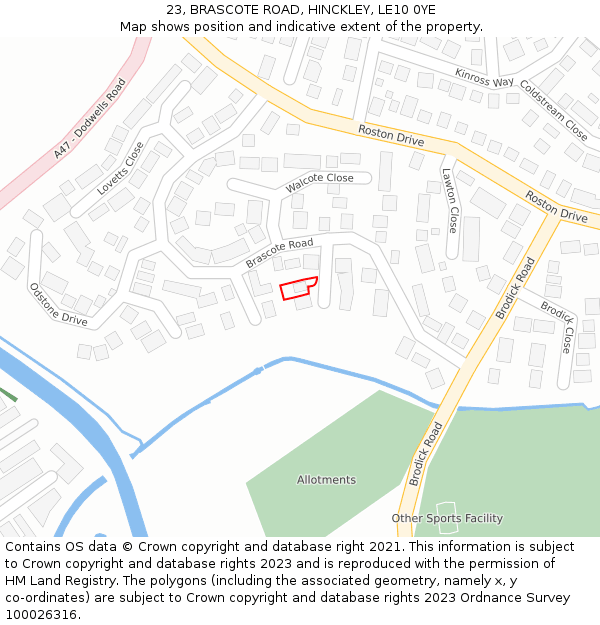 23, BRASCOTE ROAD, HINCKLEY, LE10 0YE: Location map and indicative extent of plot