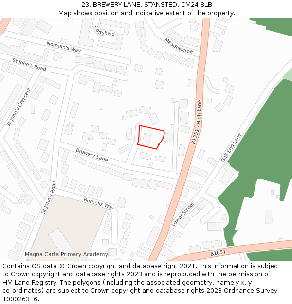 23, BREWERY LANE, STANSTED, CM24 8LB: Location map and indicative extent of plot