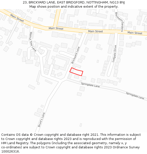 23, BRICKYARD LANE, EAST BRIDGFORD, NOTTINGHAM, NG13 8NJ: Location map and indicative extent of plot