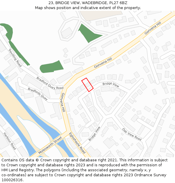 23, BRIDGE VIEW, WADEBRIDGE, PL27 6BZ: Location map and indicative extent of plot