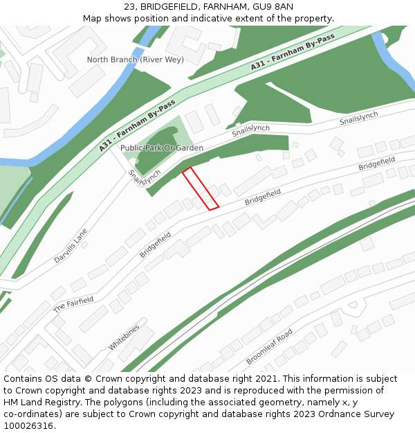 23, BRIDGEFIELD, FARNHAM, GU9 8AN: Location map and indicative extent of plot