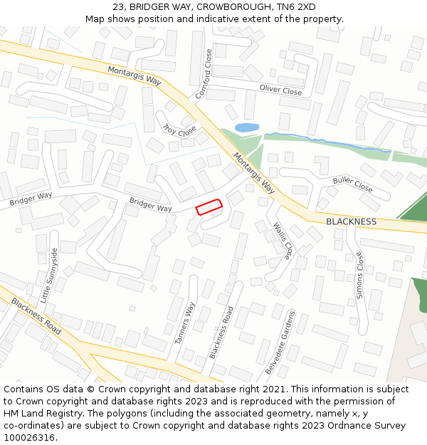 23, BRIDGER WAY, CROWBOROUGH, TN6 2XD: Location map and indicative extent of plot