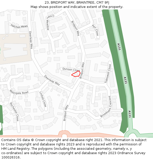 23, BRIDPORT WAY, BRAINTREE, CM7 9FJ: Location map and indicative extent of plot