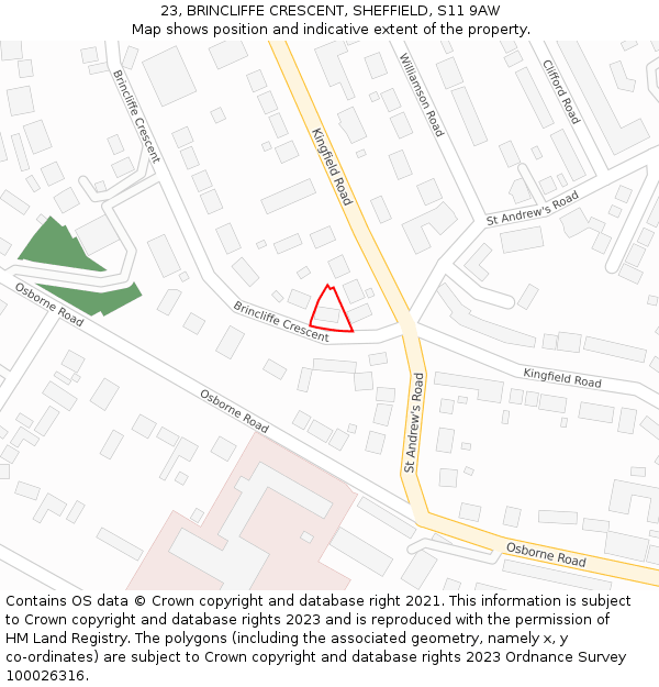 23, BRINCLIFFE CRESCENT, SHEFFIELD, S11 9AW: Location map and indicative extent of plot