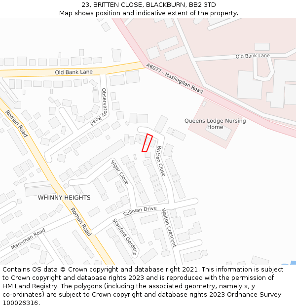 23, BRITTEN CLOSE, BLACKBURN, BB2 3TD: Location map and indicative extent of plot