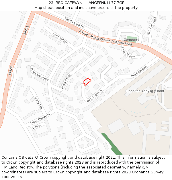 23, BRO CAERWYN, LLANGEFNI, LL77 7GF: Location map and indicative extent of plot