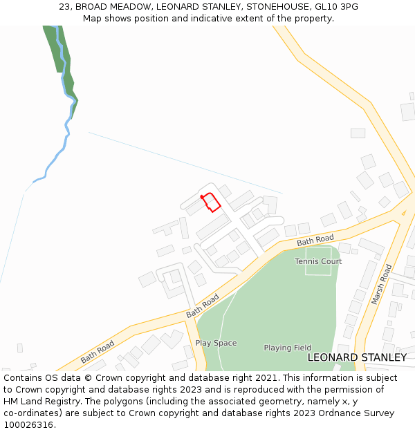 23, BROAD MEADOW, LEONARD STANLEY, STONEHOUSE, GL10 3PG: Location map and indicative extent of plot