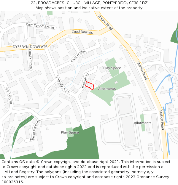 23, BROADACRES, CHURCH VILLAGE, PONTYPRIDD, CF38 1BZ: Location map and indicative extent of plot